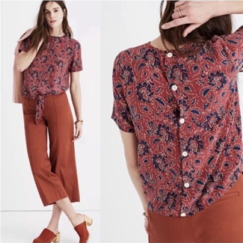 Madewell Assam Floral Silk Top Button Down Back Tie Front Short Sleeve SZ XXS